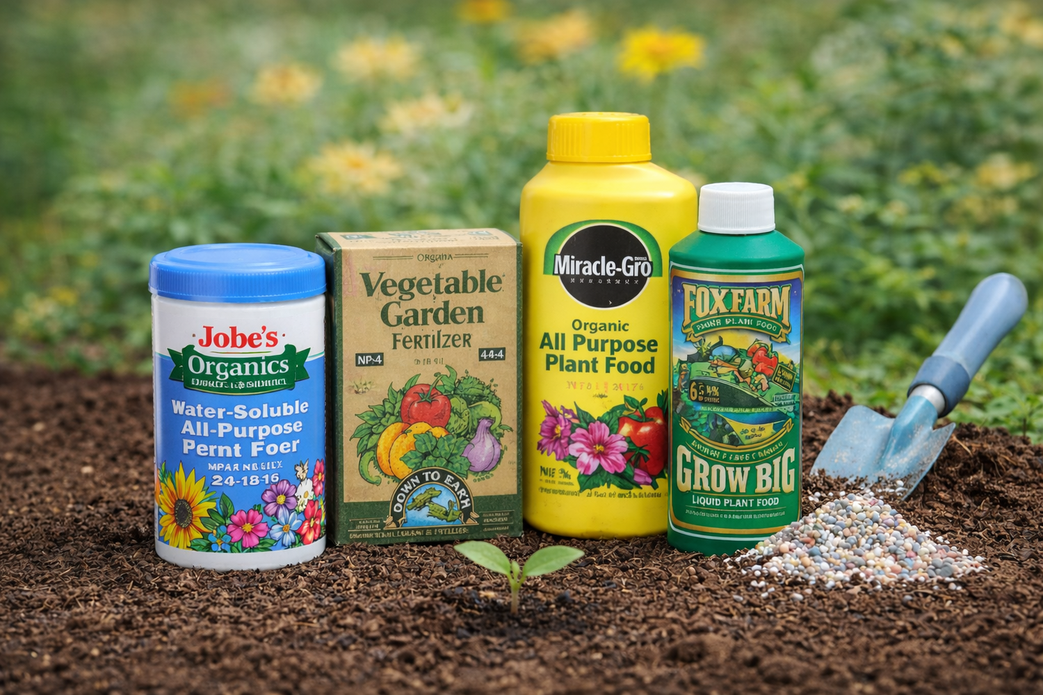 Garden fertilizers and plant nutrition products displayed on soil, including organic and liquid plant food containers with gardening tools.