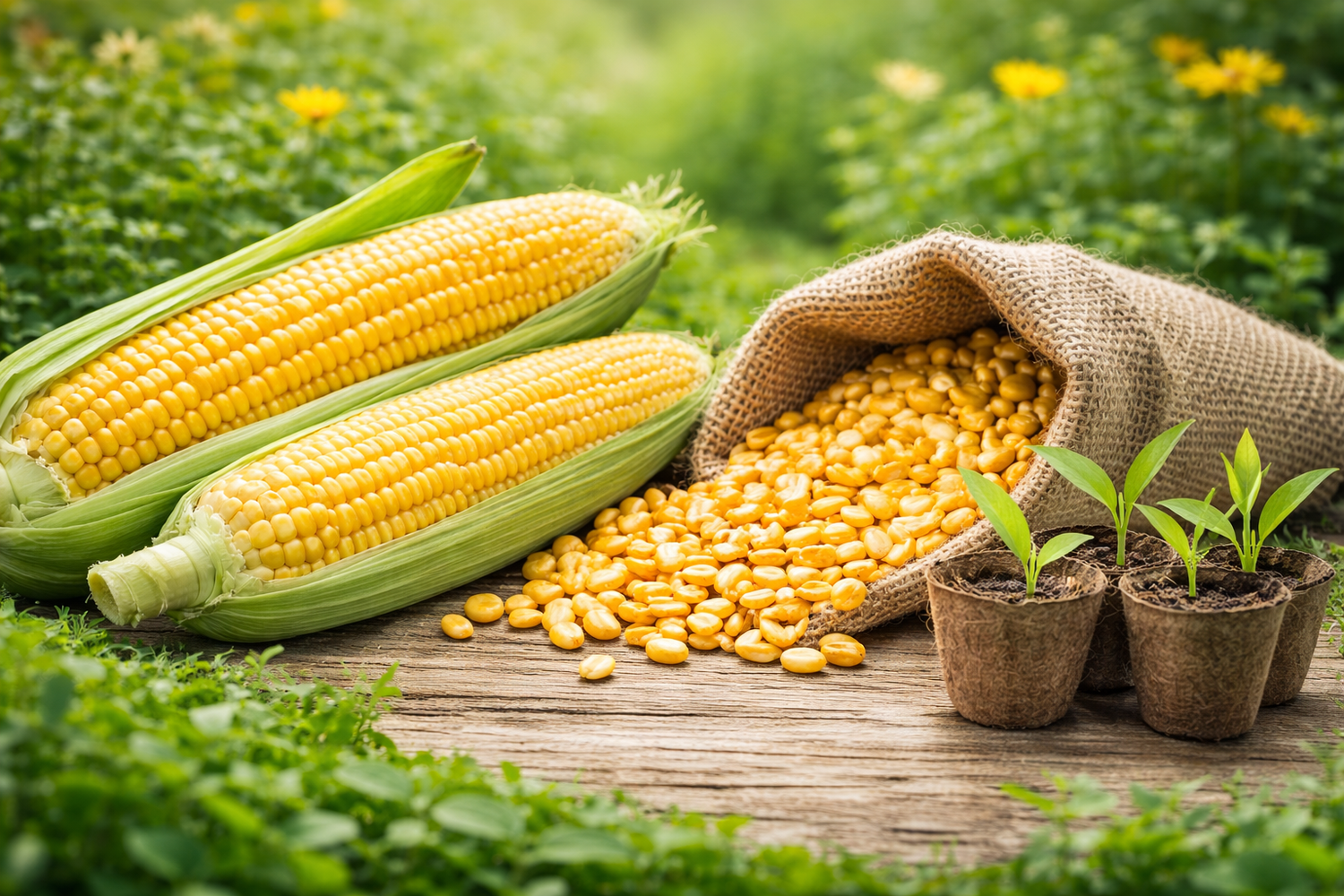 Corn seeds and fresh sweet corn displayed on soil with young green seedlings, representing corn seed planting and early growth.